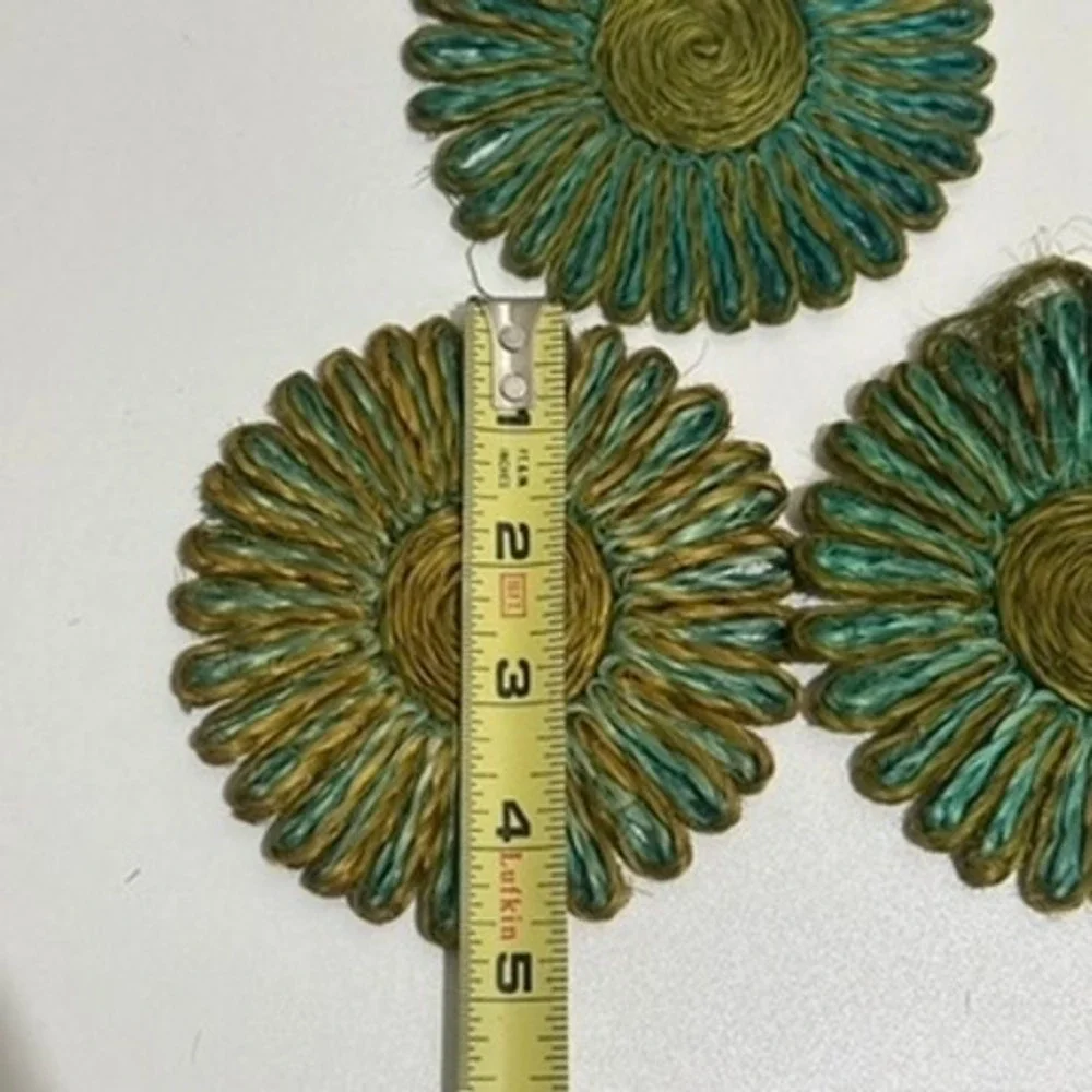 Set of 3 Handmade Woven Flower Coasters Teal Gold Rustic